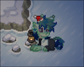 A pony town screenshot of a pale bluish green alien character outside on ice making a face